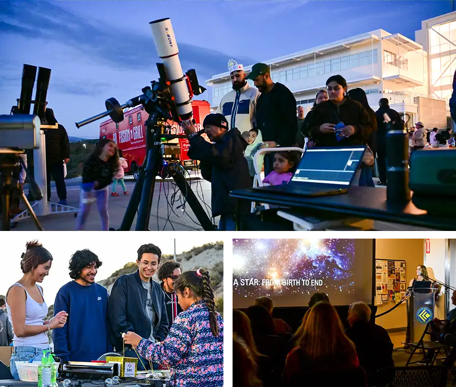 Collage of a community stargazing event, with people gathered around a telescope outdoors, hands-on science activities, and an indoor astronomy presentation.