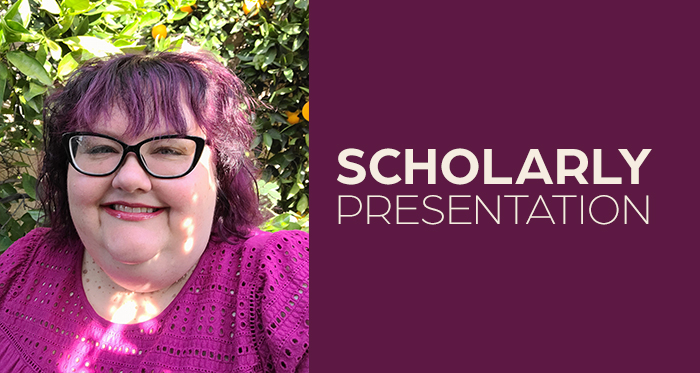 Headshot of a smiling Erin Delaney beside a purple panel with the text “Scholarly Presentation.”