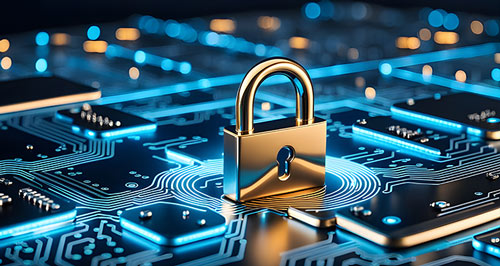 Cybersecurity illustration of padlock on circuit board.