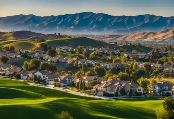 A scenic view of a residential area nestled among rolling hills and mountains under a clear sky.