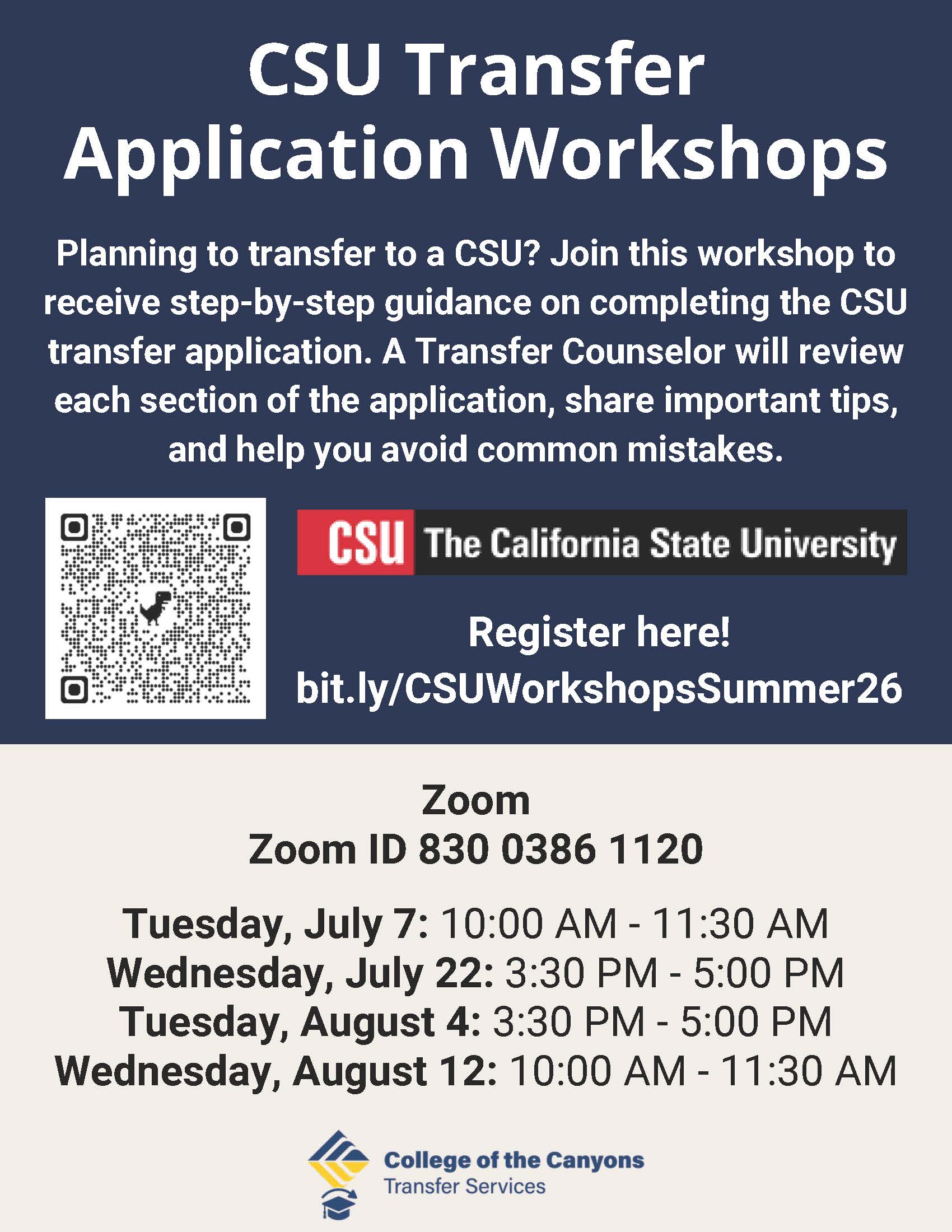 CSU Transfer Application Workshops Summer 2026