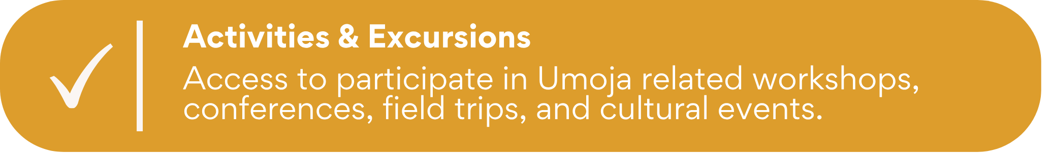 Gold banner with a checkmark icon and the heading “Activities & Excursions,” describing access to Umoja-related workshops, conferences, field trips, and cultural events.