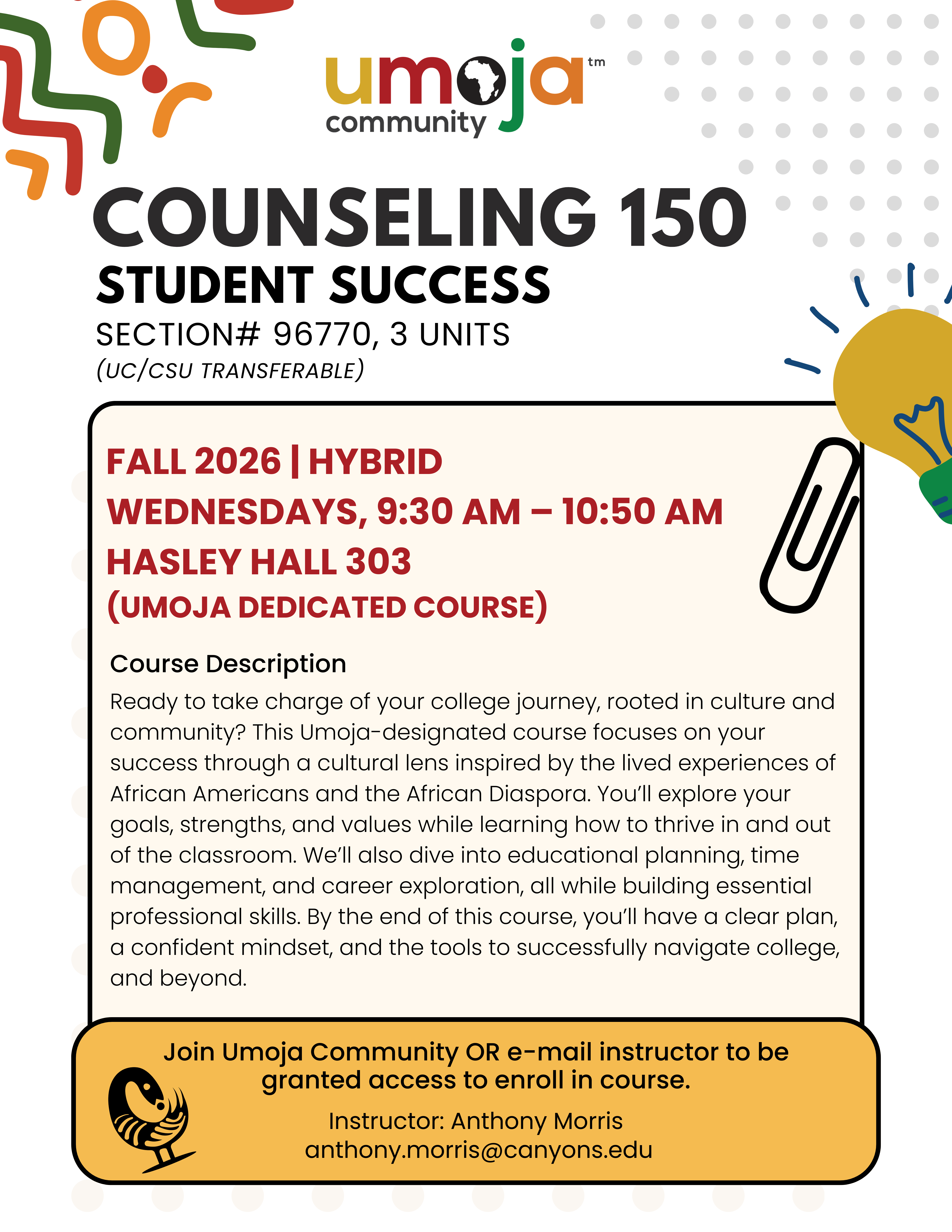 Counseling 150 - Umoja Cohort Flyer