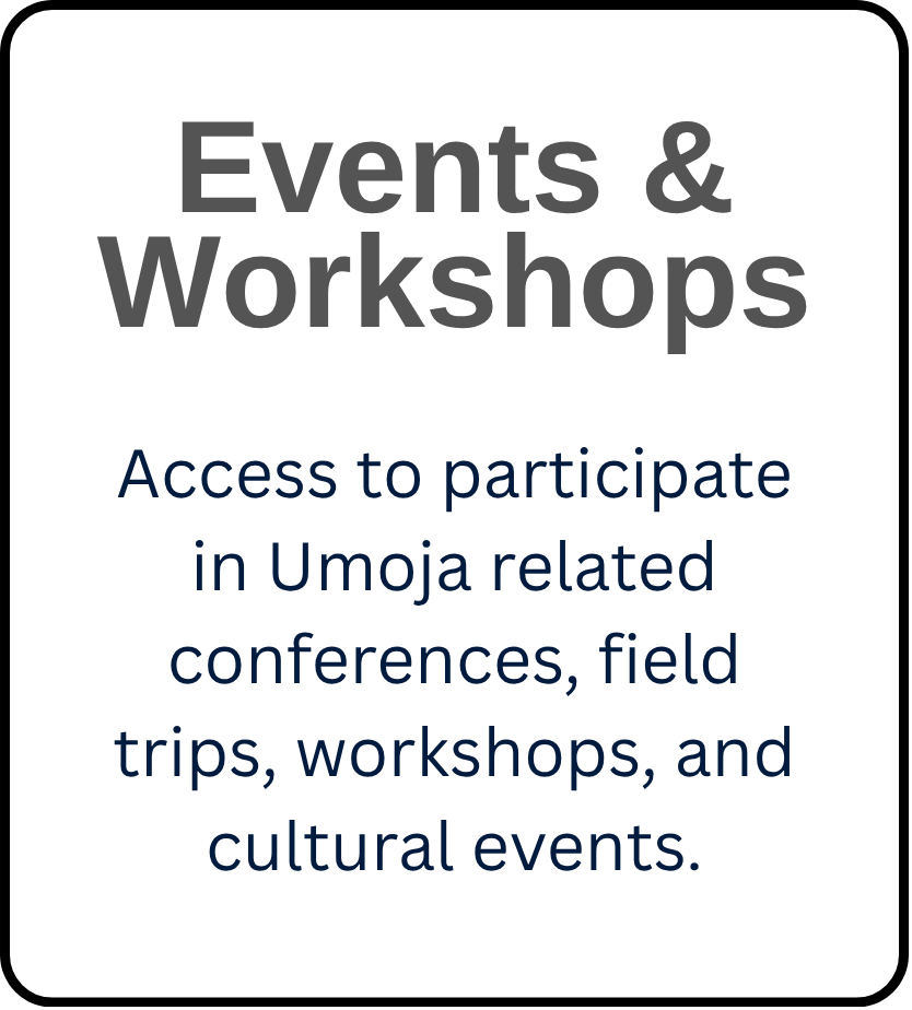 Text graphic titled “Events &amp; Workshops” describing access to Umoja-related conferences, field trips, workshops, and cultural events.