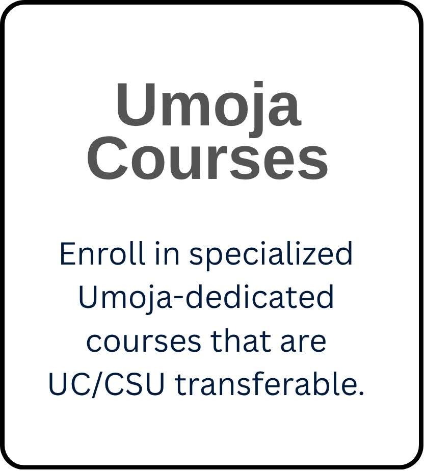 Promotional graphic with the heading “Umoja Courses” and text stating that specialized Umoja-dedicated courses are UC/CSU transferable.