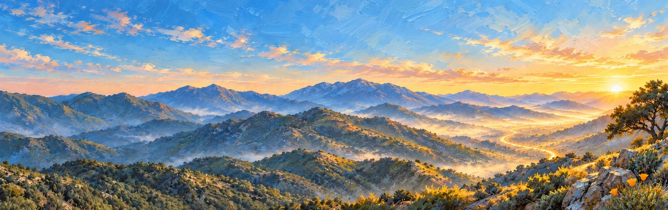 Painting of a winding path through Southern California canyons at sunrise, with an oak tree and California poppies.