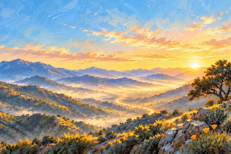 Painting of a winding path through Southern California canyons at sunrise, with an oak tree and California poppies.
