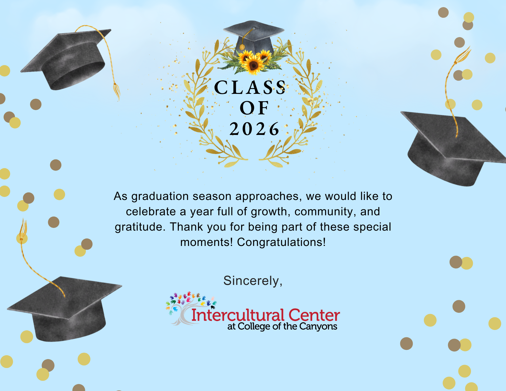 A celebratory graduation postcard featuring graduation caps against a light blue background with a message congratualating and thanking the class of 2026.