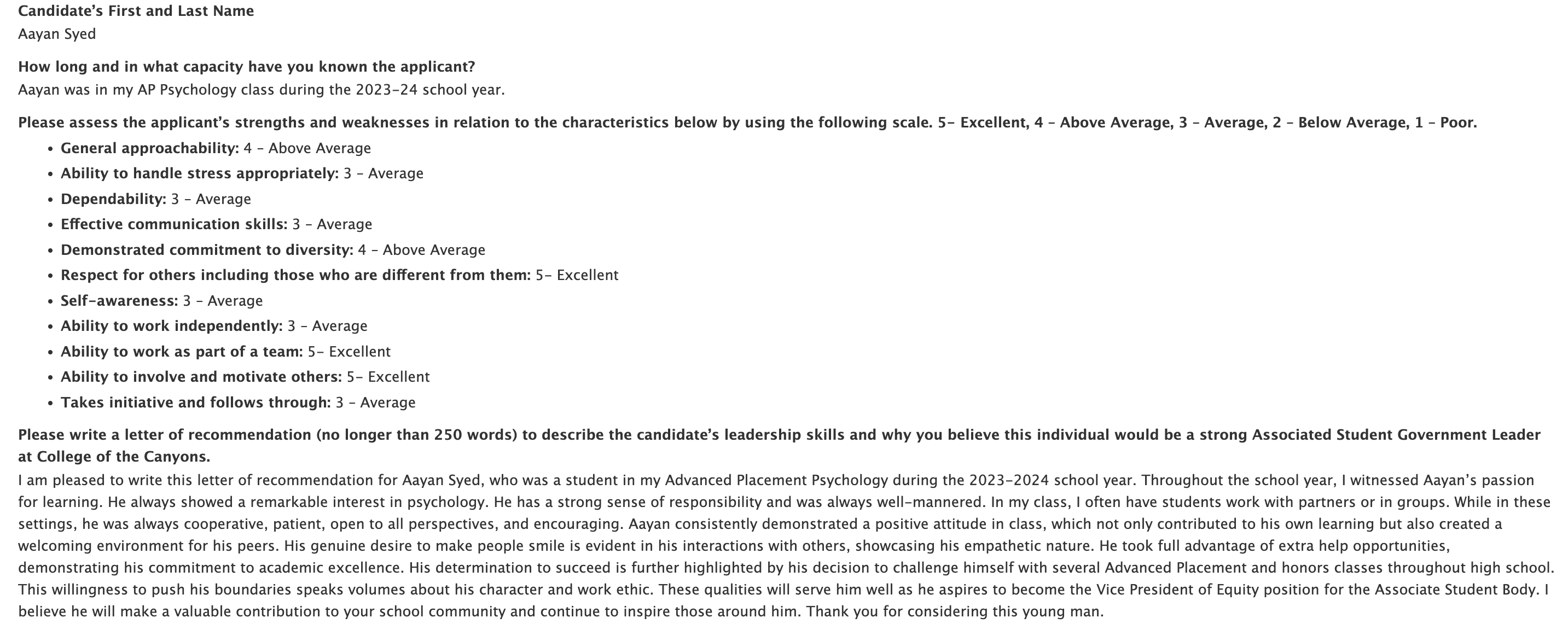 Screenshot of a recommendation form for Aayan Syed with rating scores for personal characteristics and a written letter of recommendation for a student government leader position.