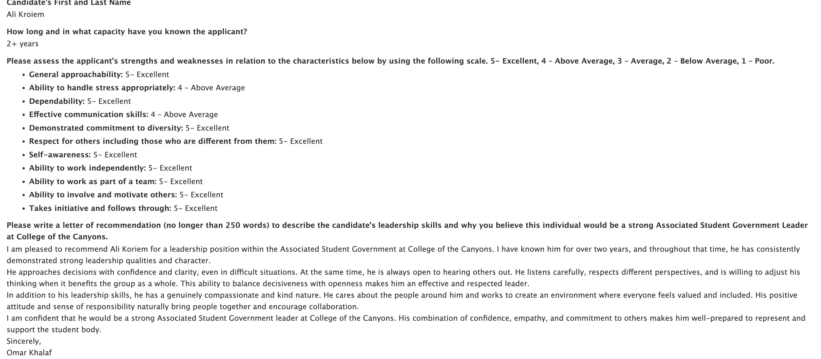 Screenshot of a recommendation form for Ali Kroiem, showing leadership ratings and a brief letter endorsing him for Associated Student Government at College of the Canyons.