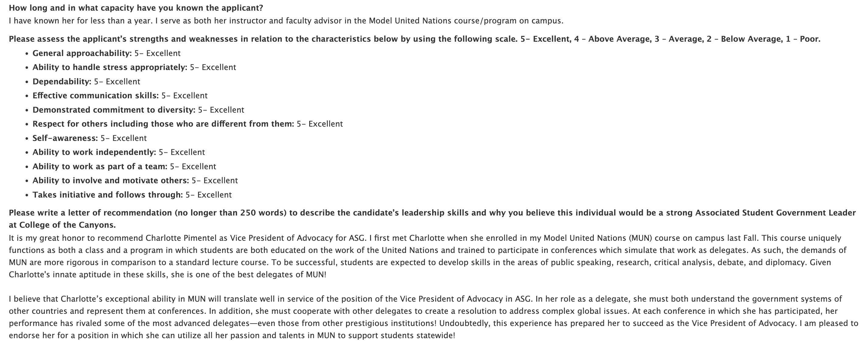 Screenshot of a recommendation form rating an applicant as “Excellent” across multiple traits and including a short letter endorsing Charlotte Pimentel for ASG Vice President of Advocacy.