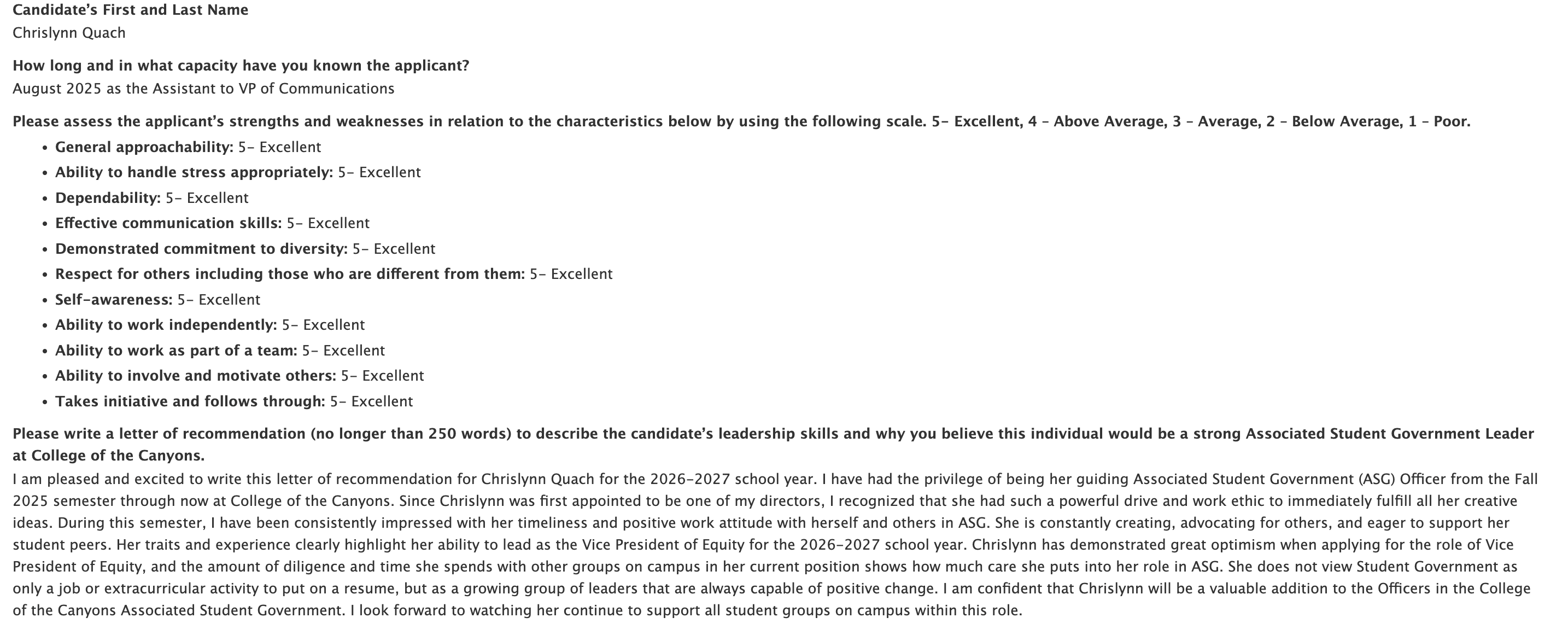 Screenshot of a recommendation form for Chrislynn Quach, showing “Excellent” ratings across multiple skills and a written letter of recommendation for an ASG leadership role.
