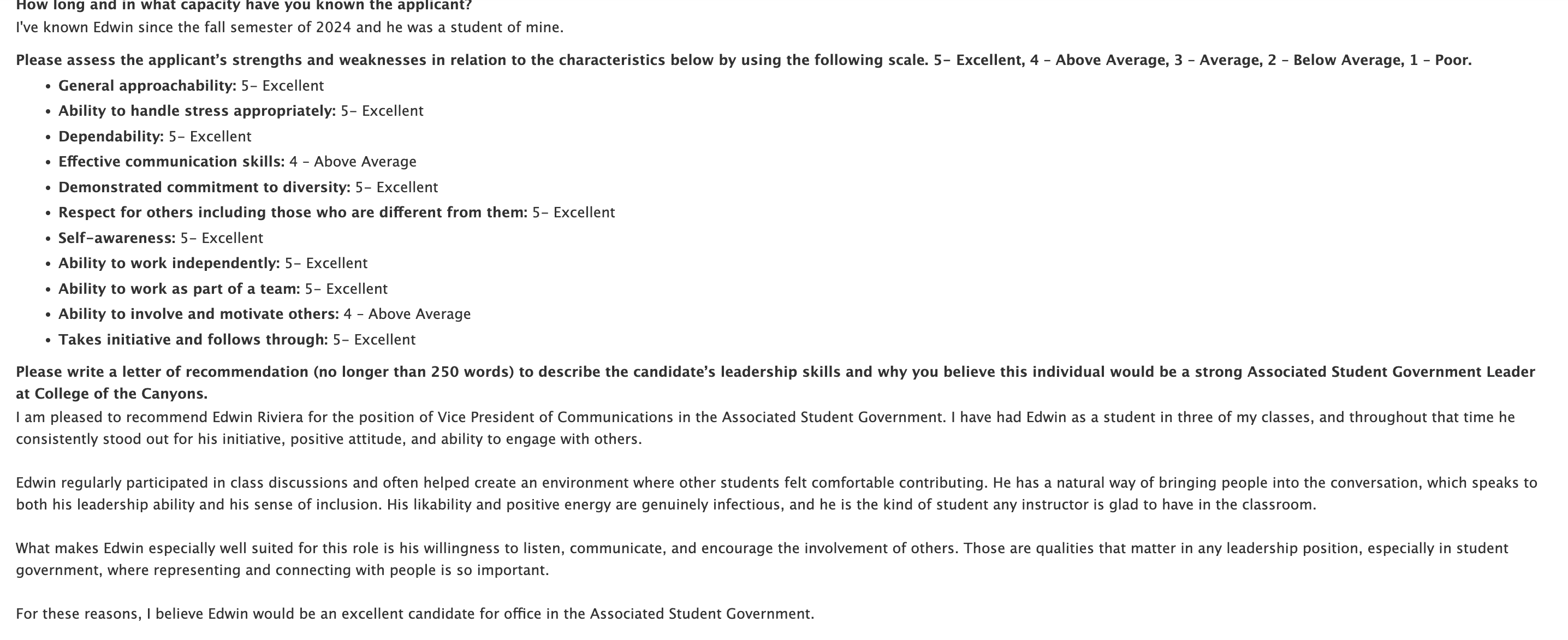 Recommendation form excerpt listing applicant ratings (mostly “5 – Excellent”) and a short letter recommending Edwin Rivera for Associated Student Government vice president of communications.