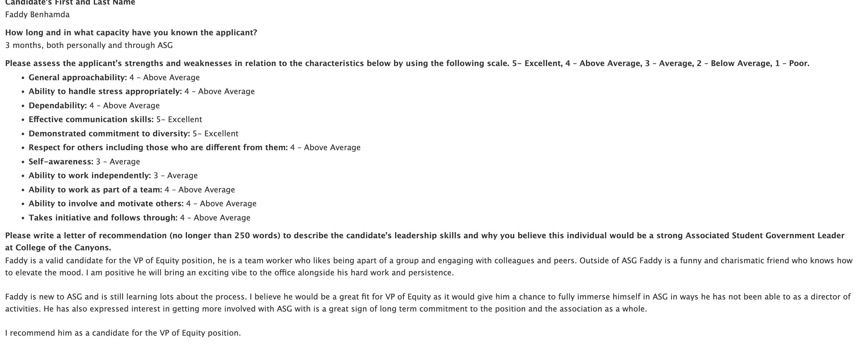 Recommendation form excerpt listing applicant ratings (mostly above average/excellent) and a short letter recommending Faddy Benhamda for VP of Equity.