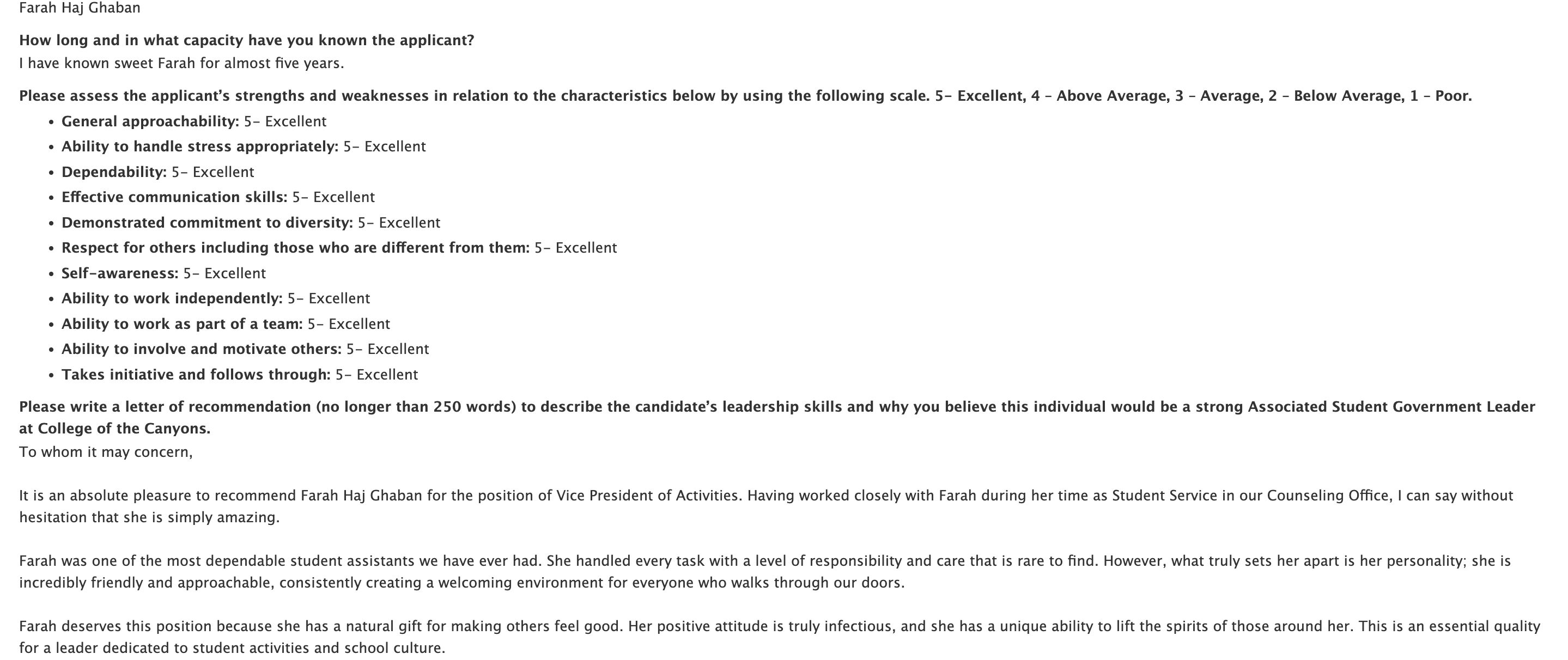 Recommendation form for Farah Haj Ghaban showing a series of “Excellent” ratings across leadership and interpersonal skills, followed by a brief letter of recommendation.