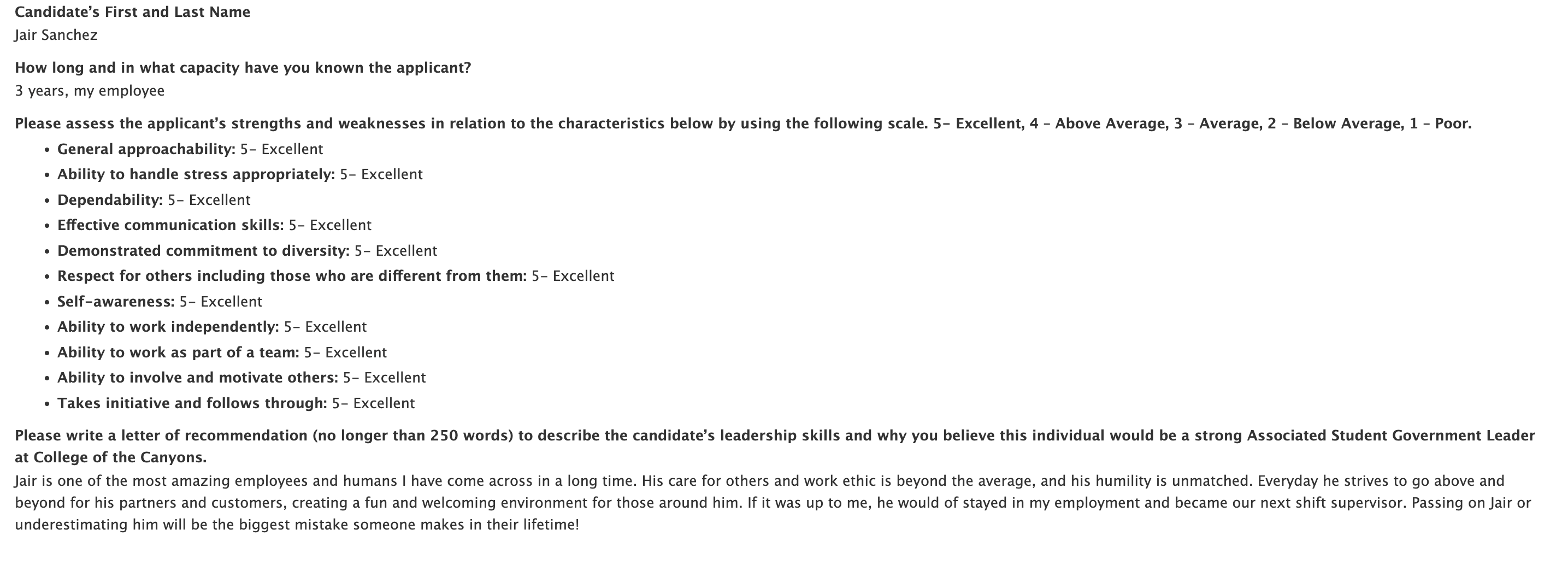 Completed recommendation form for candidate Jair Sanchez, including a list of leadership traits rated “5 – Excellent” and a short endorsement paragraph.