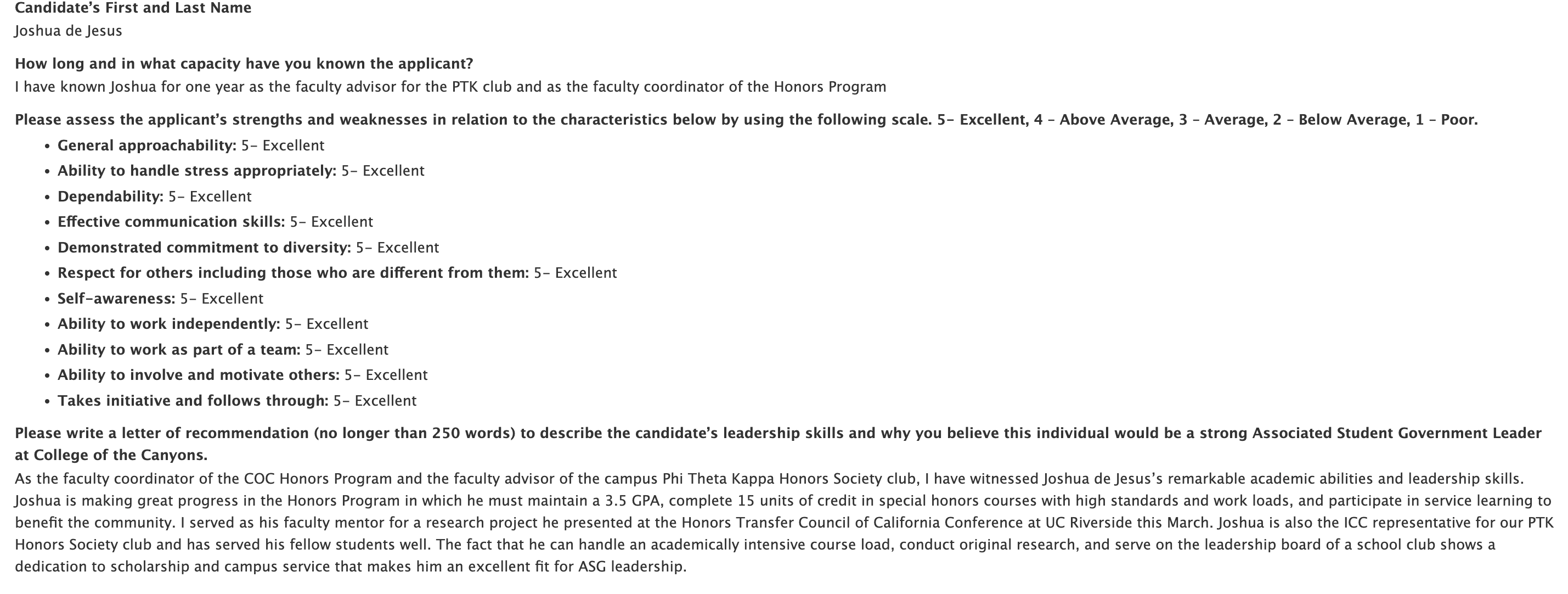 Recommendation form for Joshua de Jesus showing “Excellent” ratings across key traits and a short letter endorsing his leadership and academic achievements.