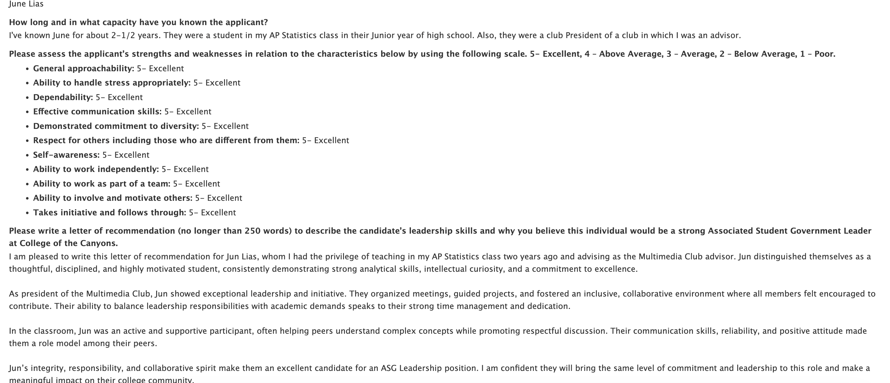 Reference form for June Lias showing “Excellent” ratings across multiple traits and a written letter of recommendation.