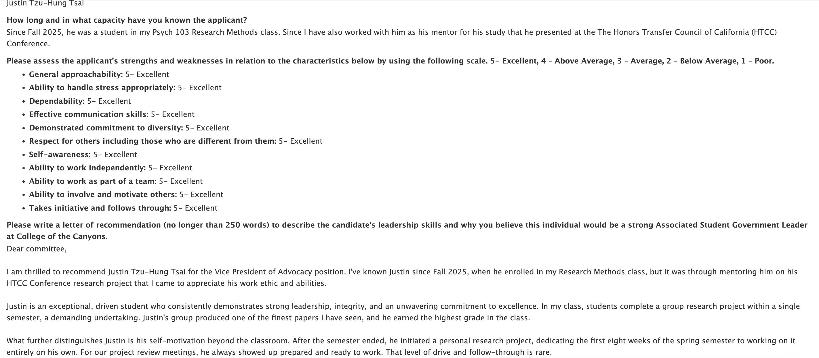 Recommendation form excerpt showing an applicant evaluation with multiple “5 – Excellent” ratings and the start of a letter recommending Justin Tzu-Hung Tsai for a student government advocacy role.