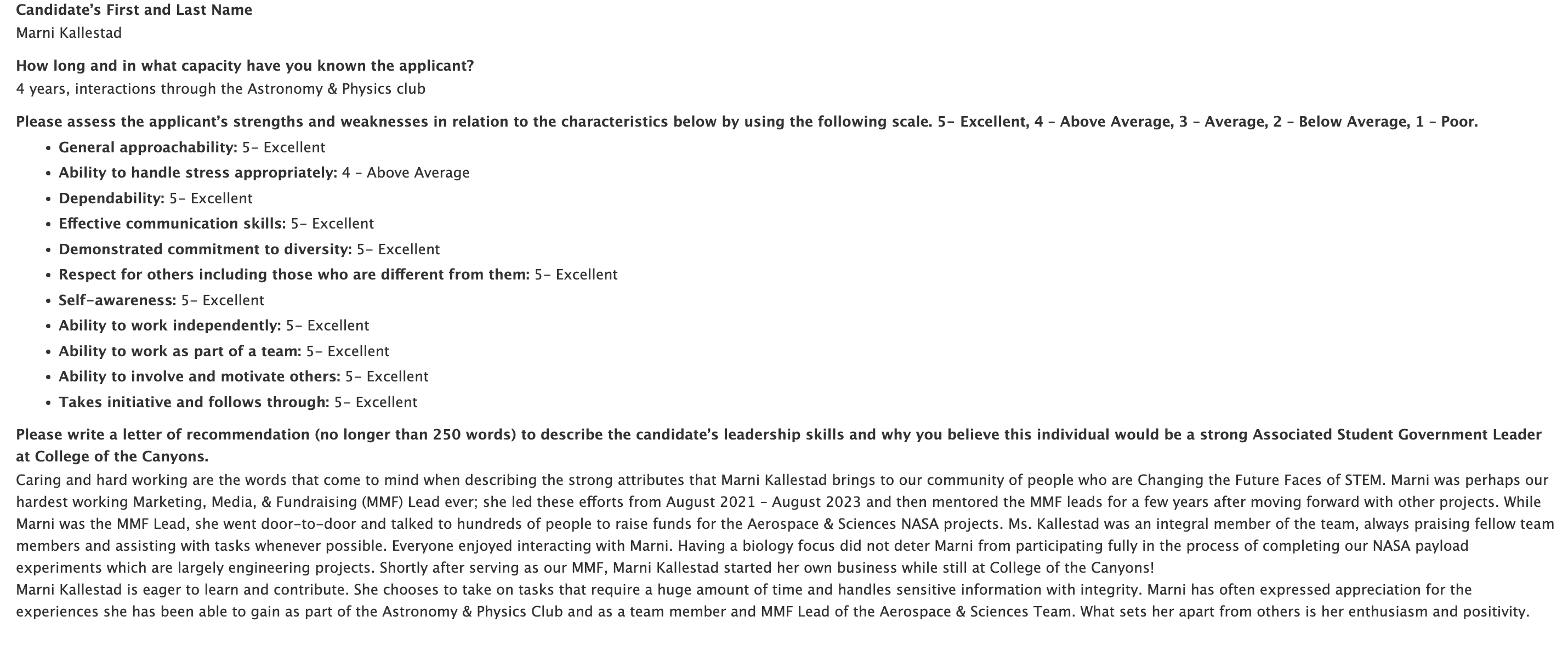 Screenshot of a recommendation form for Marni Kallestad with ratings of leadership traits and a short letter of recommendation.