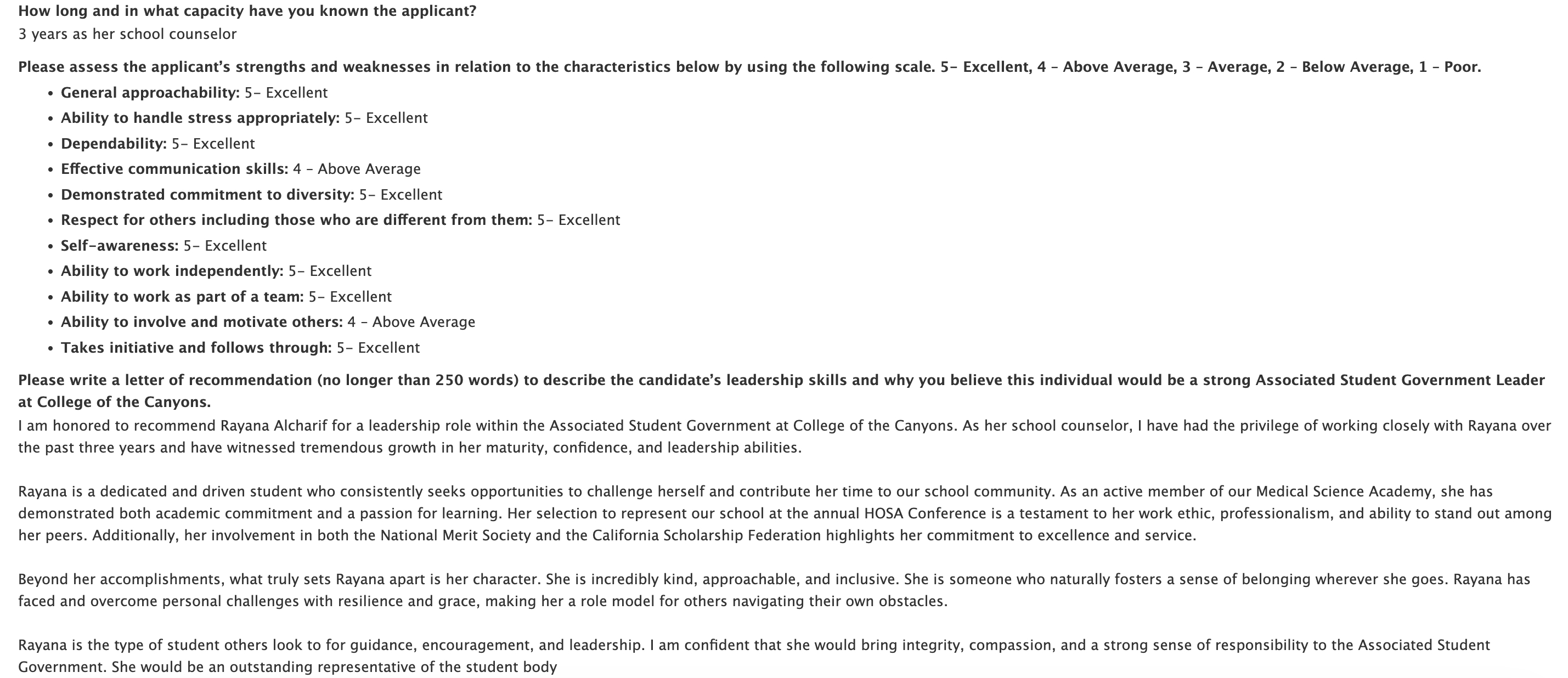 Screenshot of a recommendation form showing an applicant rated mostly Excellent or Above Average and a short letter endorsing the applicant for Associated Student Government leadership.