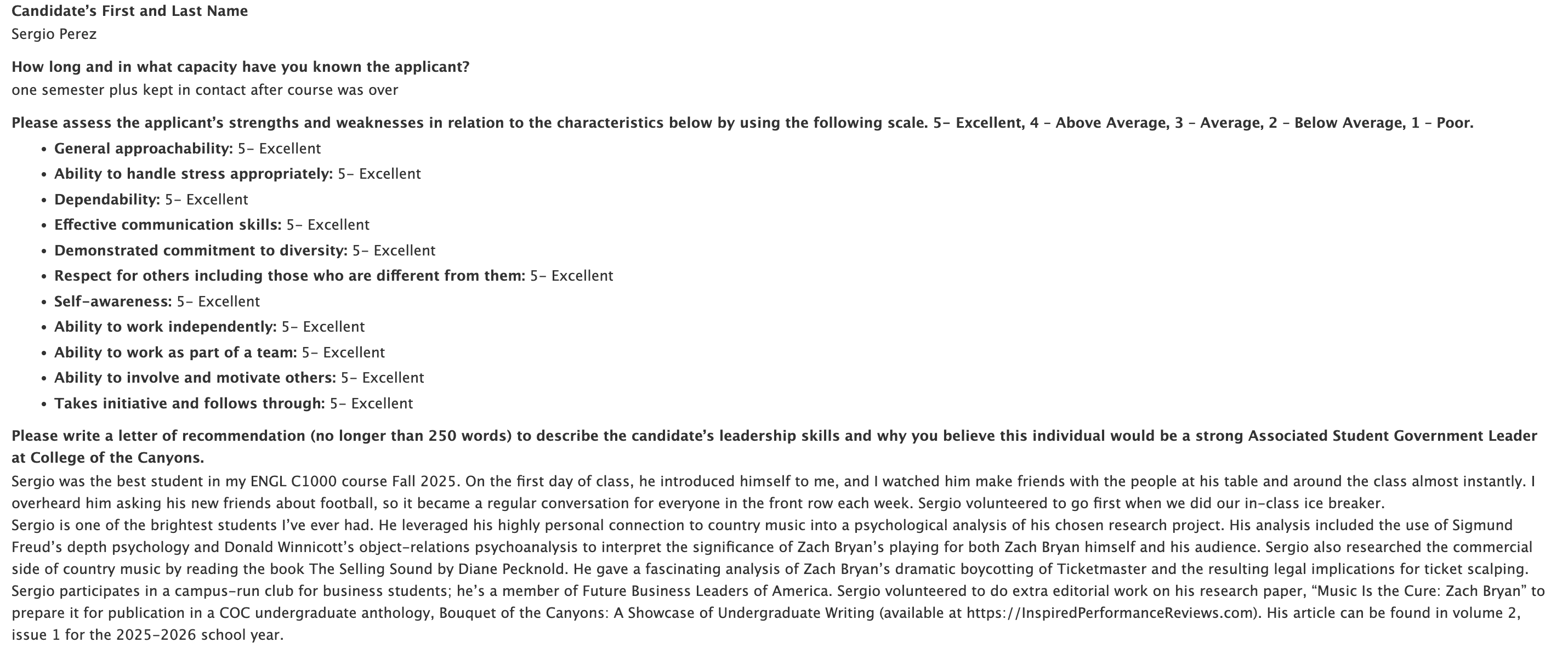 Completed recommendation form for candidate Sergio Perez, showing “Excellent” ratings across multiple traits and a written letter of recommendation.