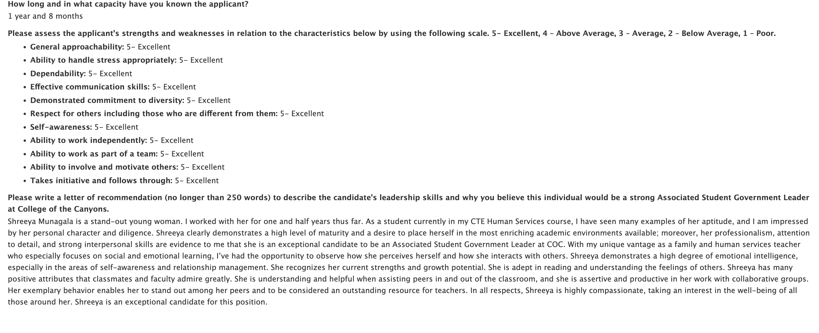 Screenshot of a recommendation form rating an applicant “Excellent” across multiple traits and including a written letter recommending the student for an associated student government leader role.