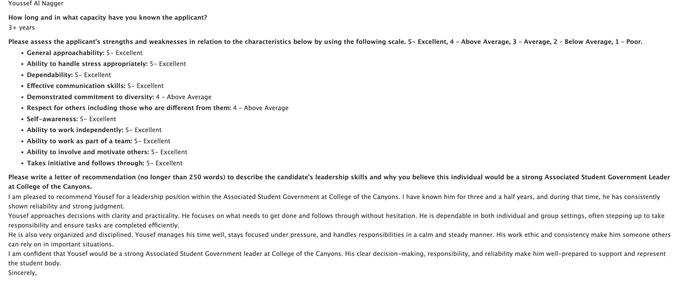 Reference form excerpt showing applicant ratings (mostly “5 – Excellent”) and a brief recommendation letter for an Associated Student Government leadership position.