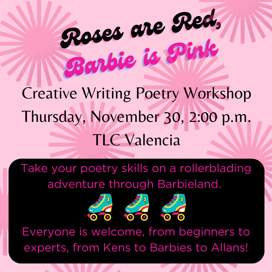 Pink flyer for Barbie workshop decorated with rollerblades