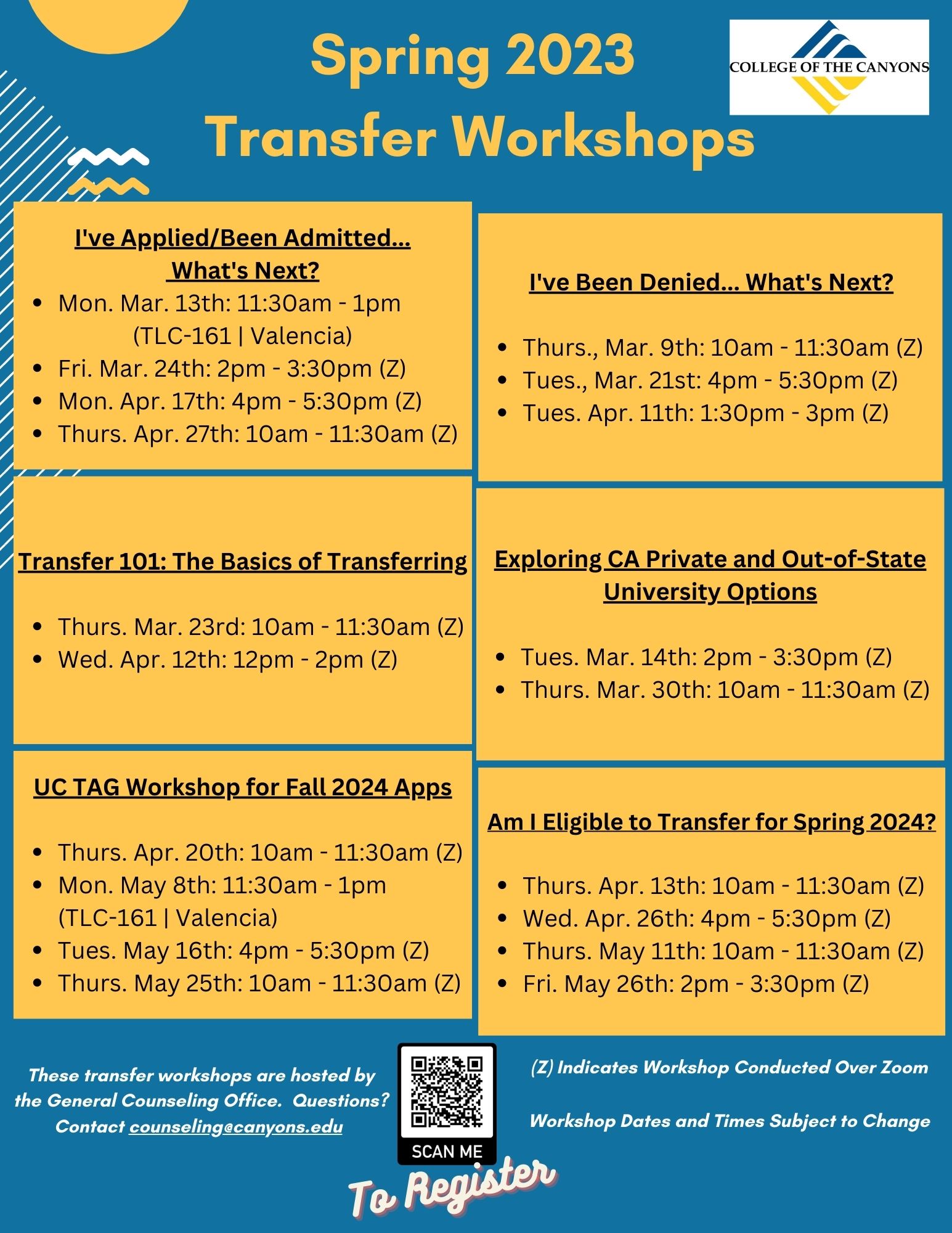 Spring 2023 Transfer Workshops