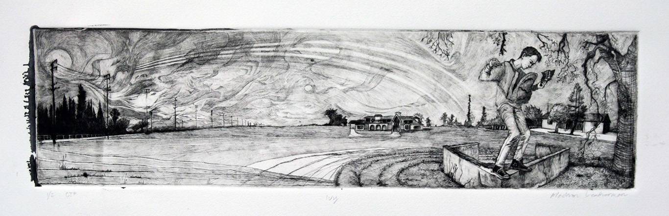 intaglio print of figure in landscape 