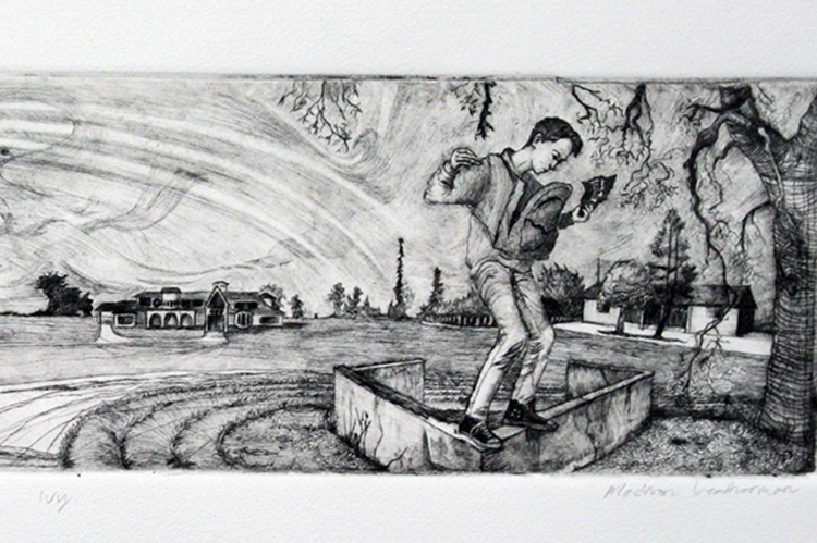 intaglio print of figure in landscape 