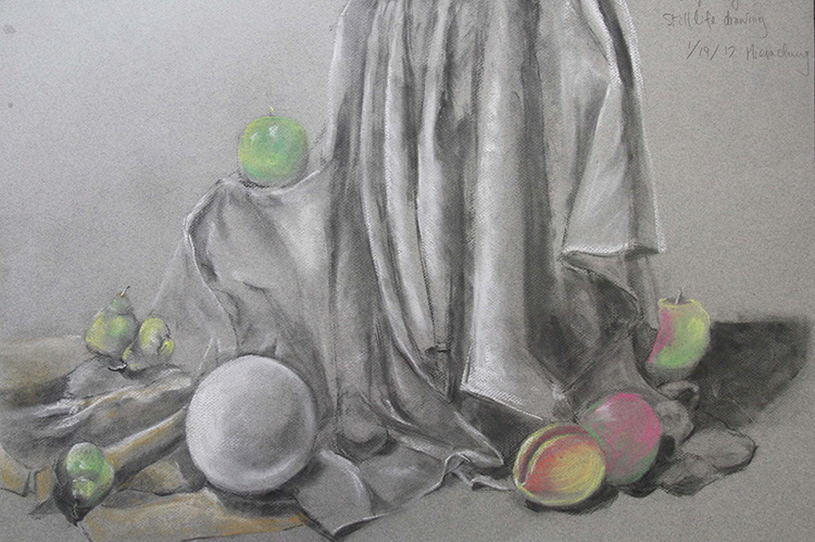 pastel still life of fruit and drapery