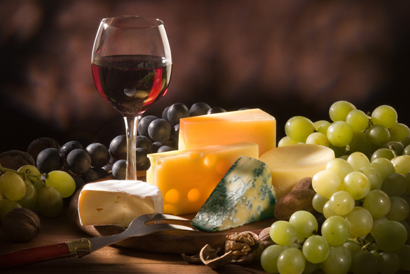 Cheese, grapes and wine.