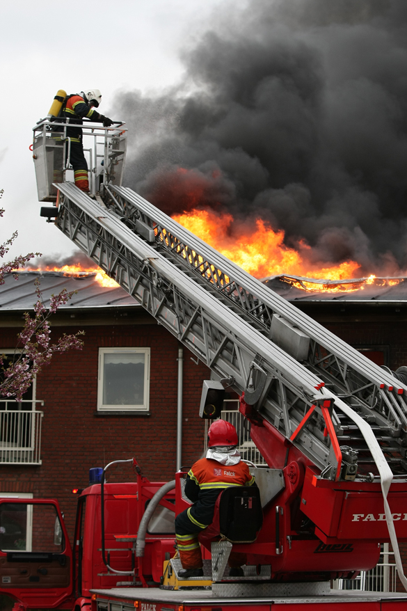 Firefighters fighting rooftop fires using extention ladder.