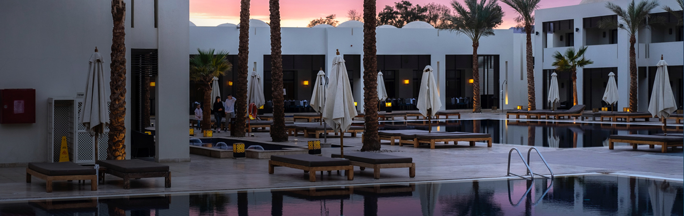 Hotel & Restaurant at sunset. 