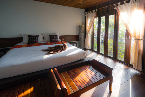 Hotel room with comfortable bed.