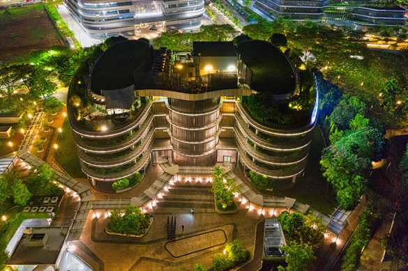 Modern architecture at night.