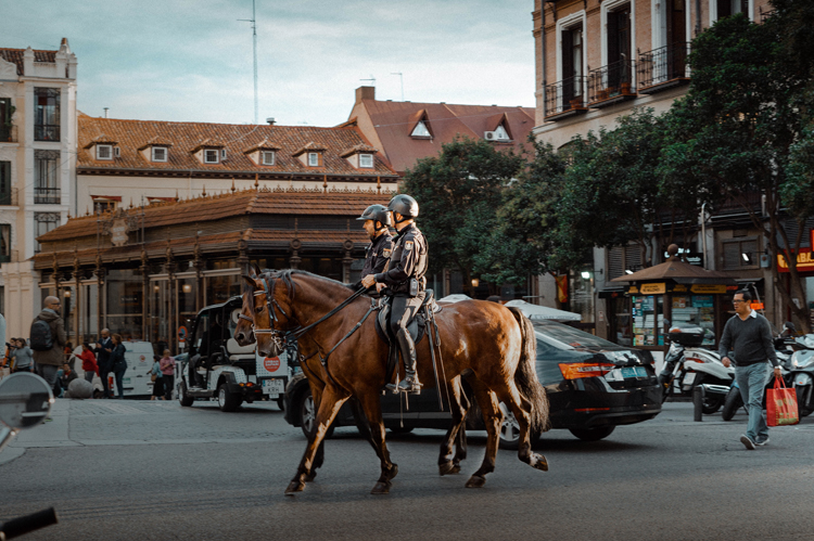 Mounted Police Officers in city street with traffic.