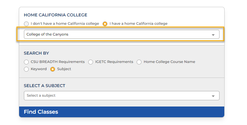 screenshot of exchange course finder