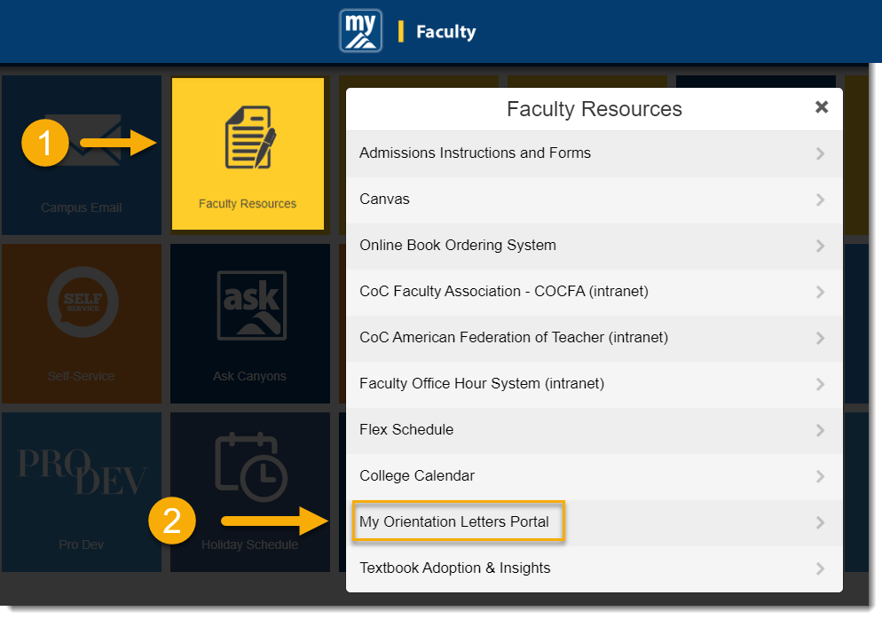 Access My Orientation Letter Portal from Faculty Resources in MyCanyons