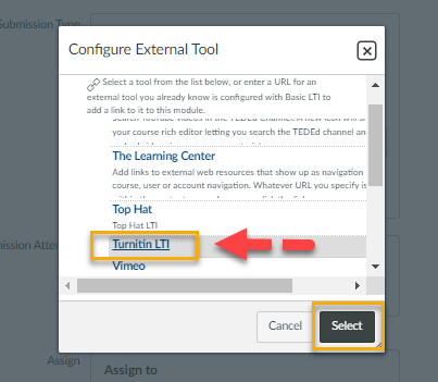 Configure External Tool - find Turnitin LTI, and click Select. 