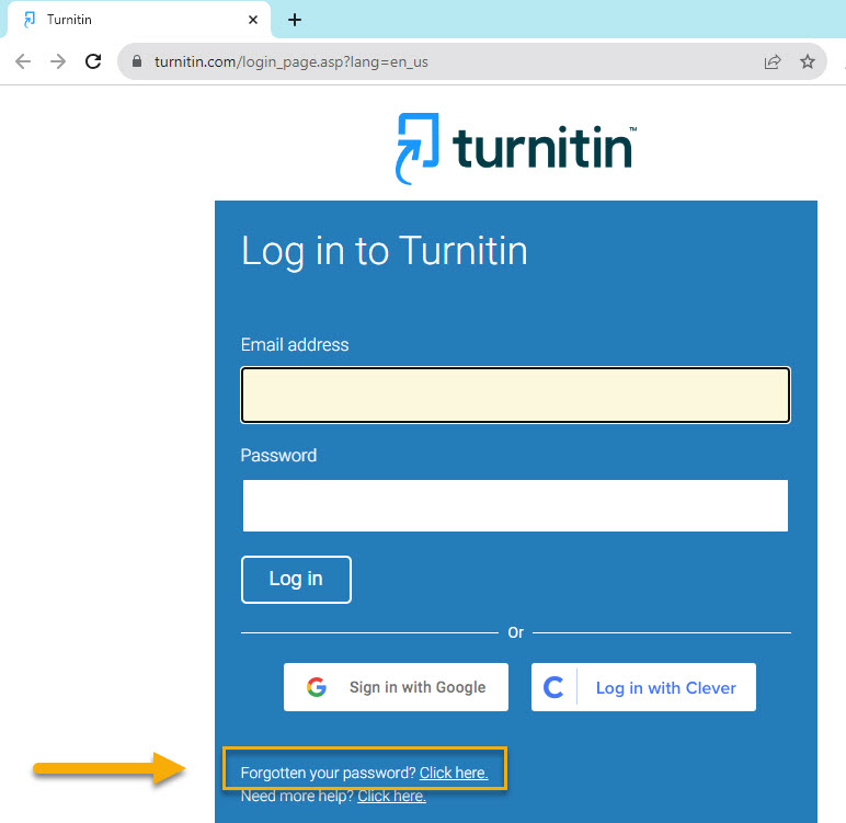 At turnitin login screen, select 'forgot password' link