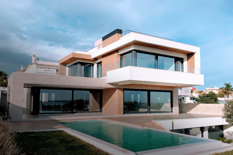 Modern two story home with pool.