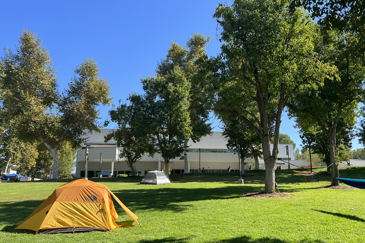Yellow tents on College of the Canyons' green lawn.