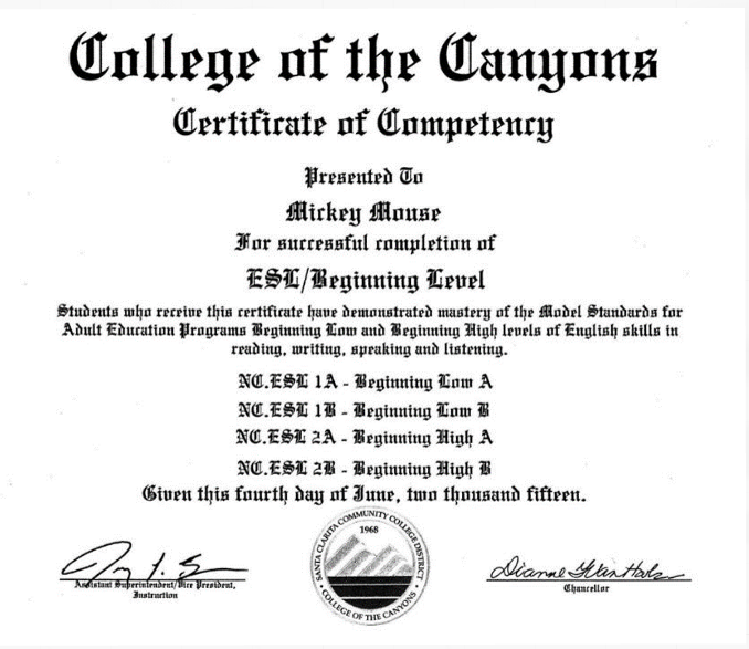 Sample certificate