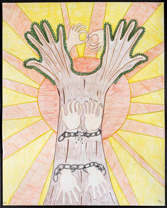 Art piece: Hands breaking chains through learning ASL .