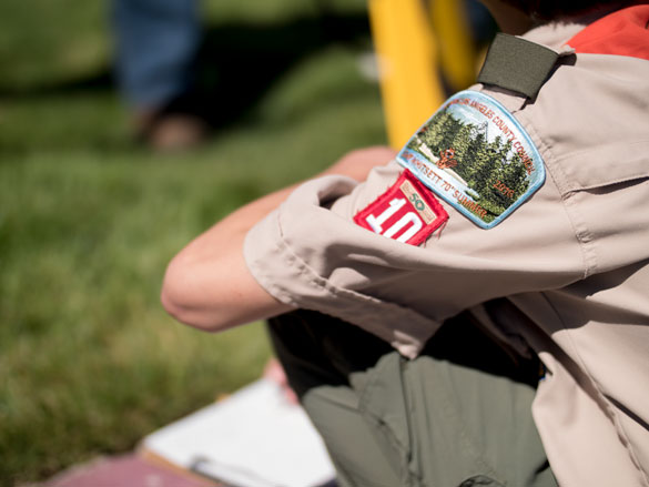 Closeup of Boy Scout uniform patches. 