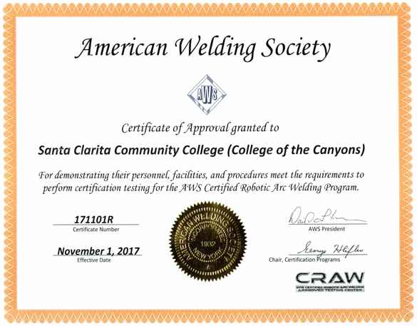 Certificate of Approval - AWS Certified Robotic Arc Welding 