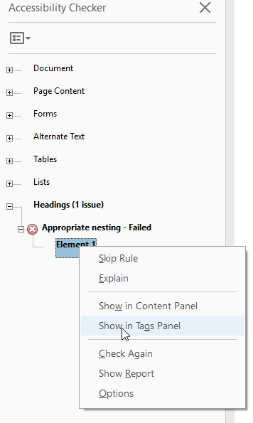 Headings show in tags panel menu